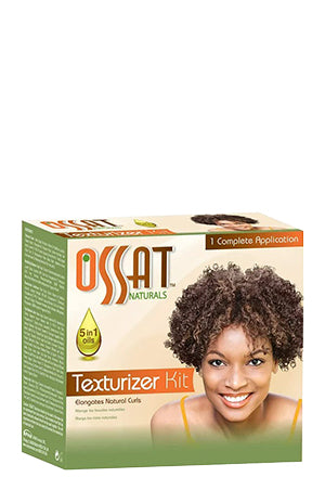 Packaging of OSSAT Naturals Texturizer Kit featuring a smiling woman with natural curls on the front.